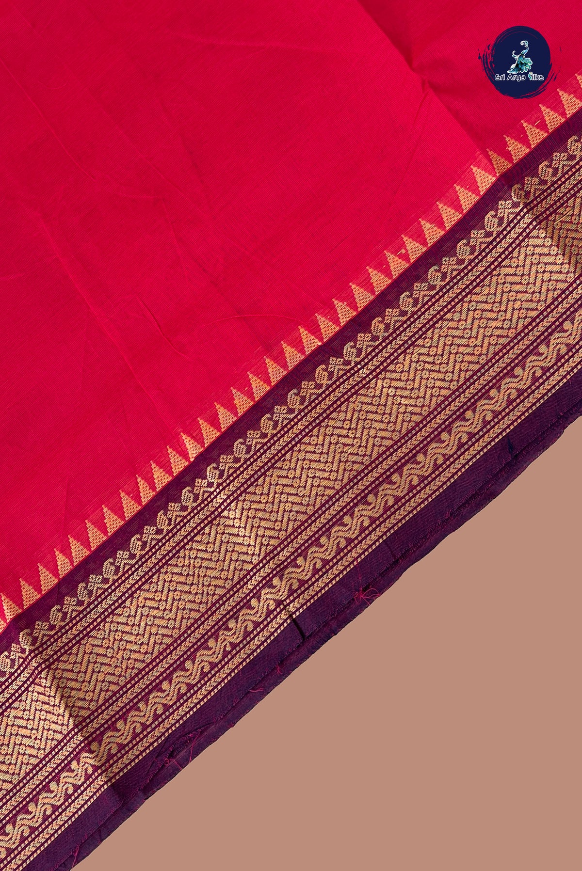 Dark Pink Chettinad Cotton Saree With Plain Pattern