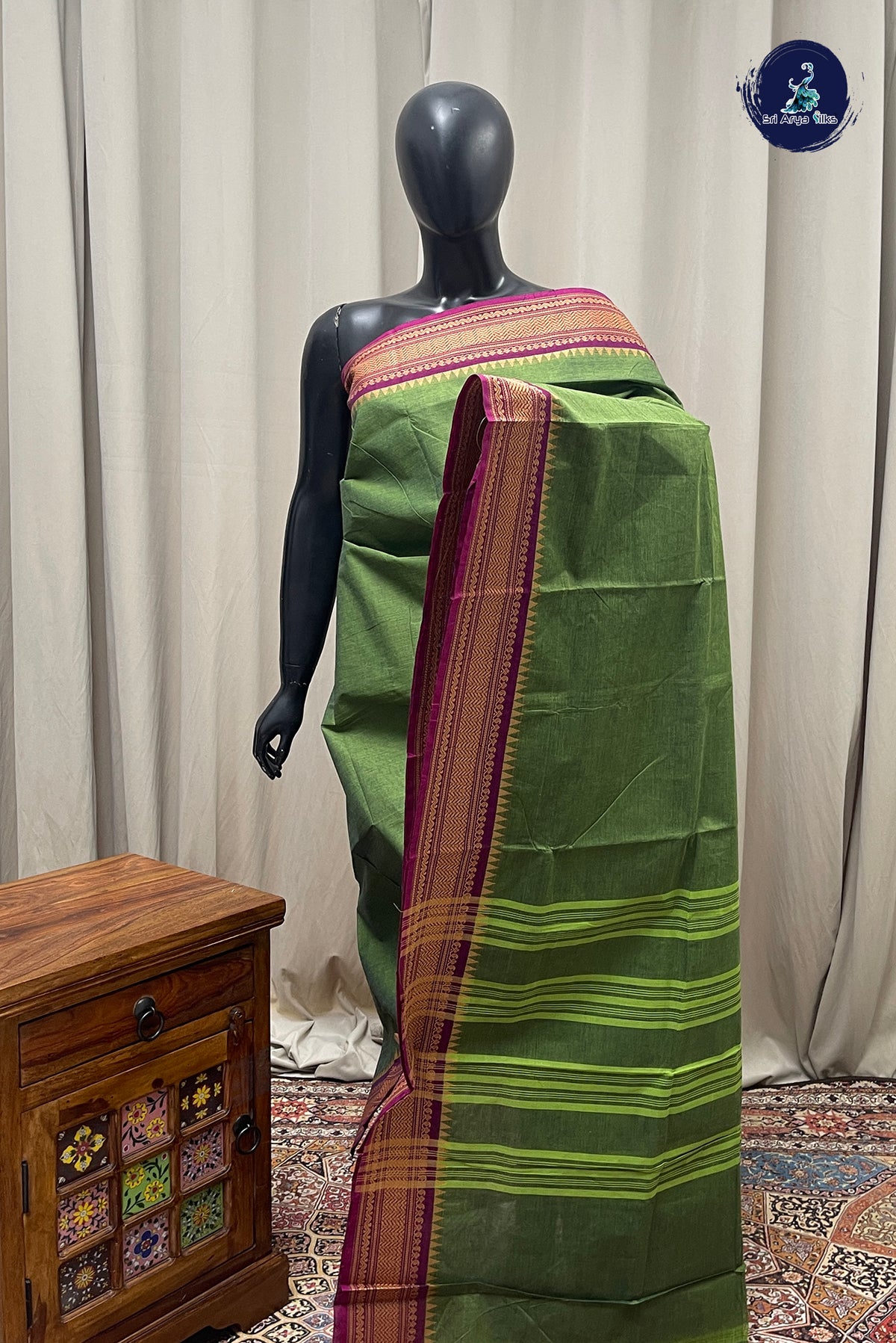 Green Chettinad Cotton Saree With Plain Pattern
