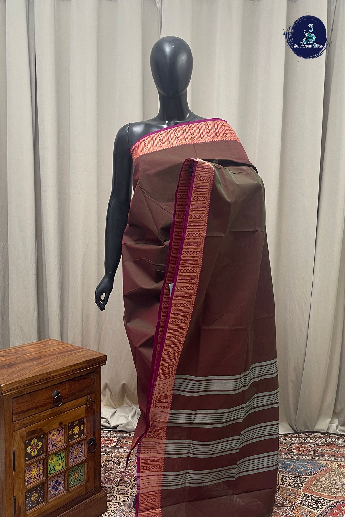 Manthulir Chettinad Cotton Saree With Plain Pattern