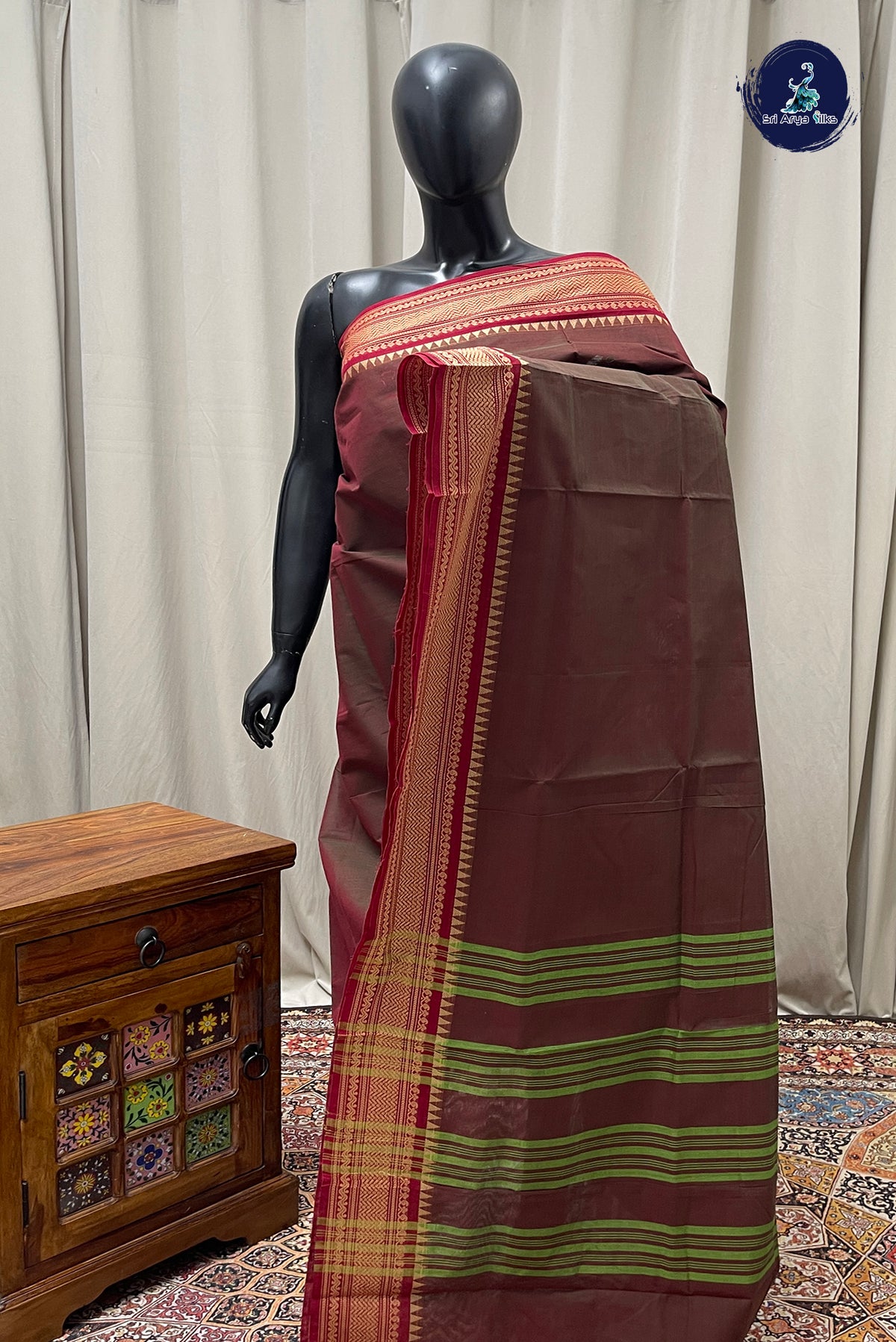 Manthulir Chettinad Cotton Saree With Plain Pattern