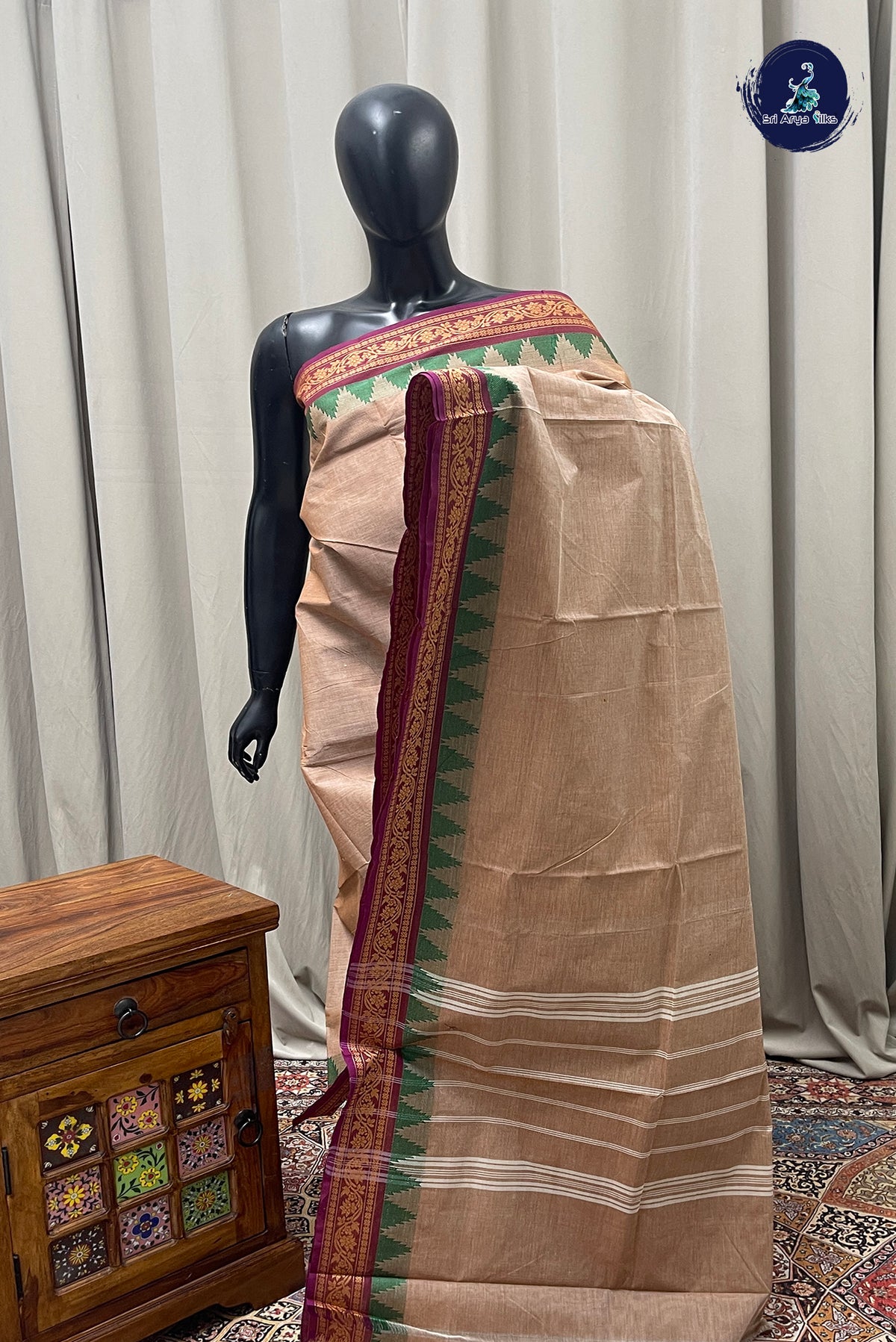 Light Brown Chettinad Cotton Saree With Plain Pattern