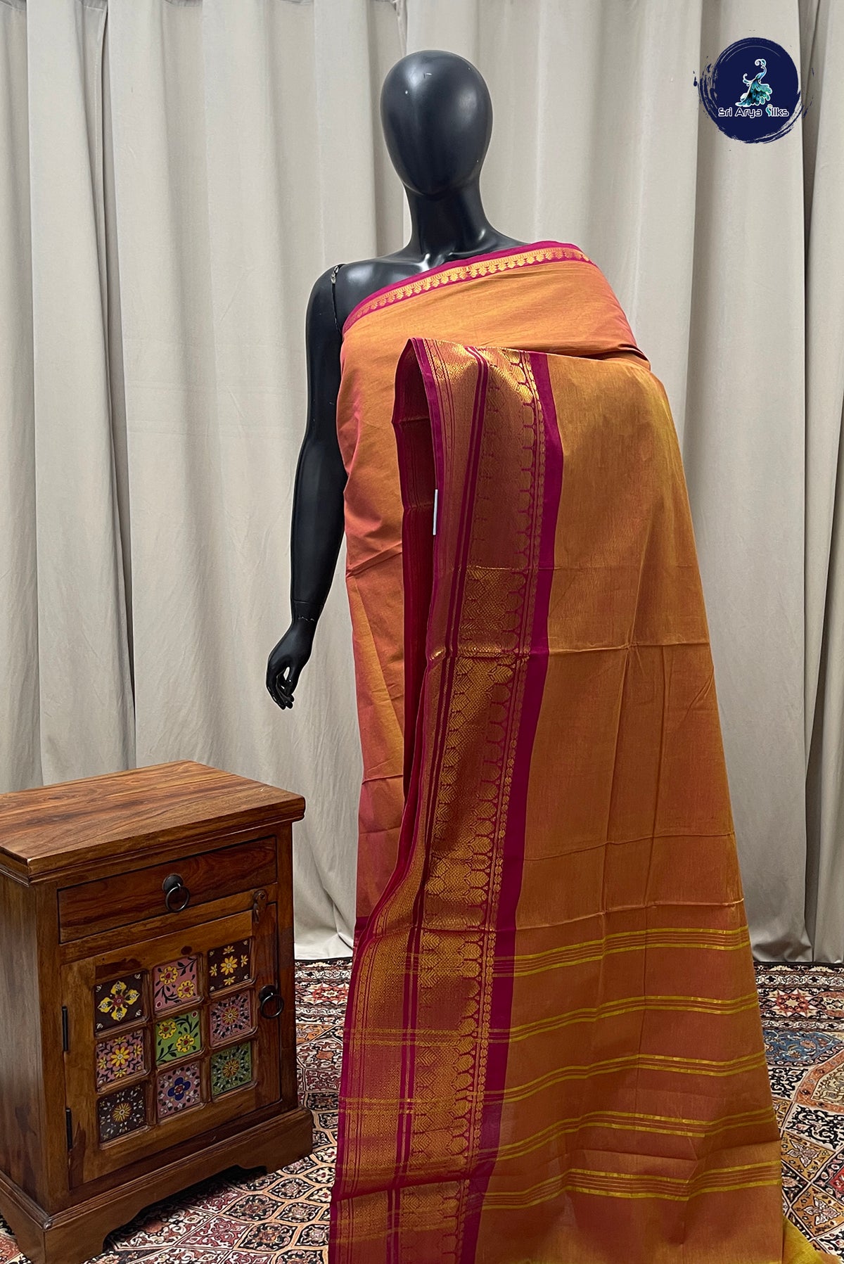 Orange Kanchi Cotton Saree With Plain Pattern