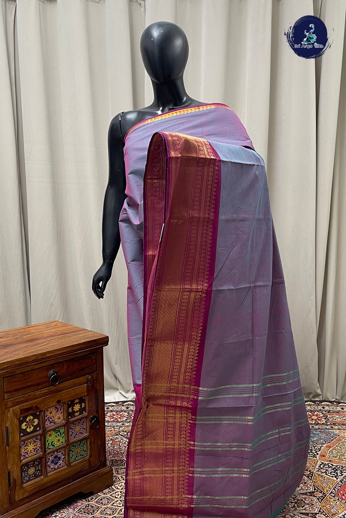 Dual Tone Grey Kanchi Cotton Saree With Plain Pattern