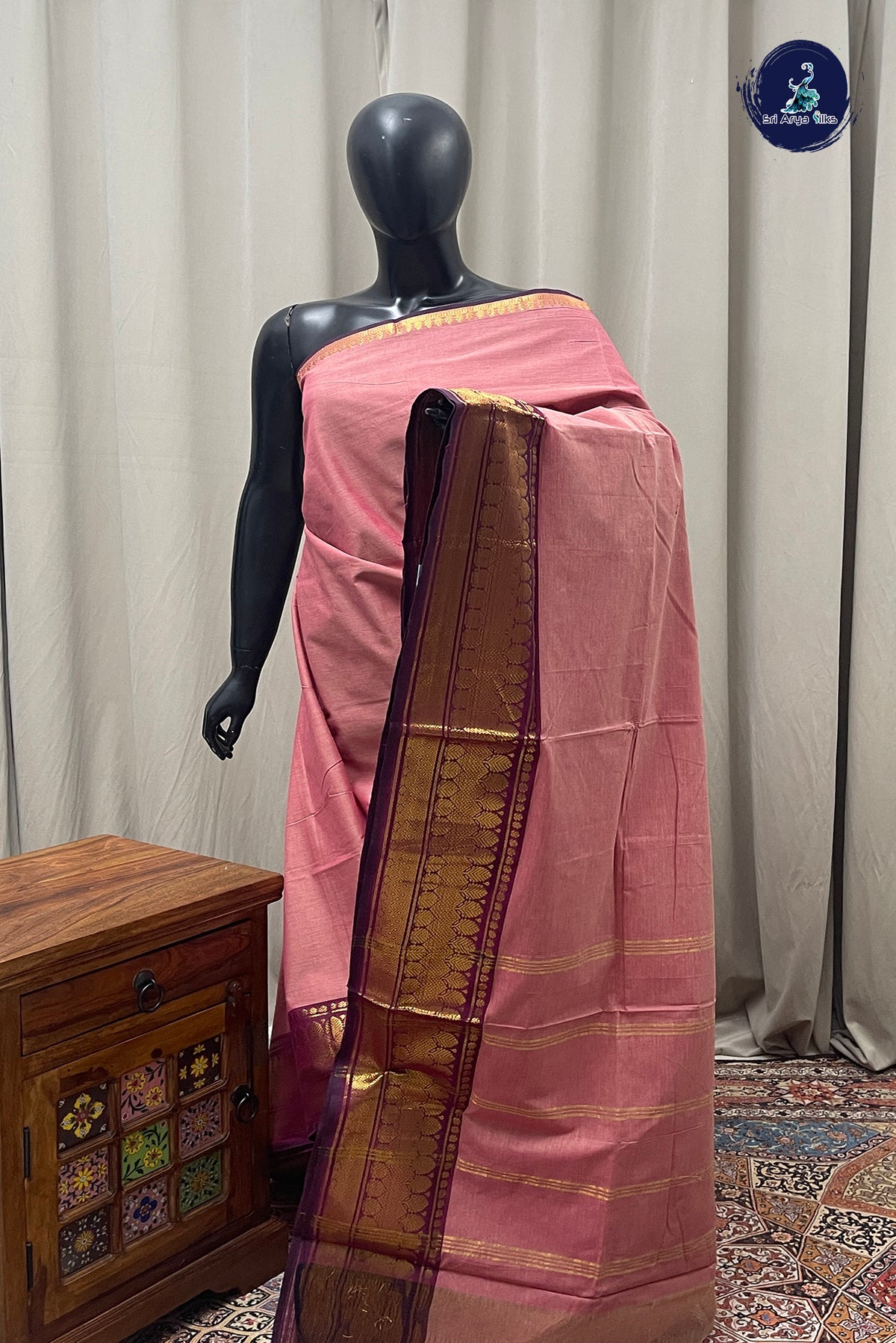 Light Pink Kanchi Cotton Saree With Plain Pattern