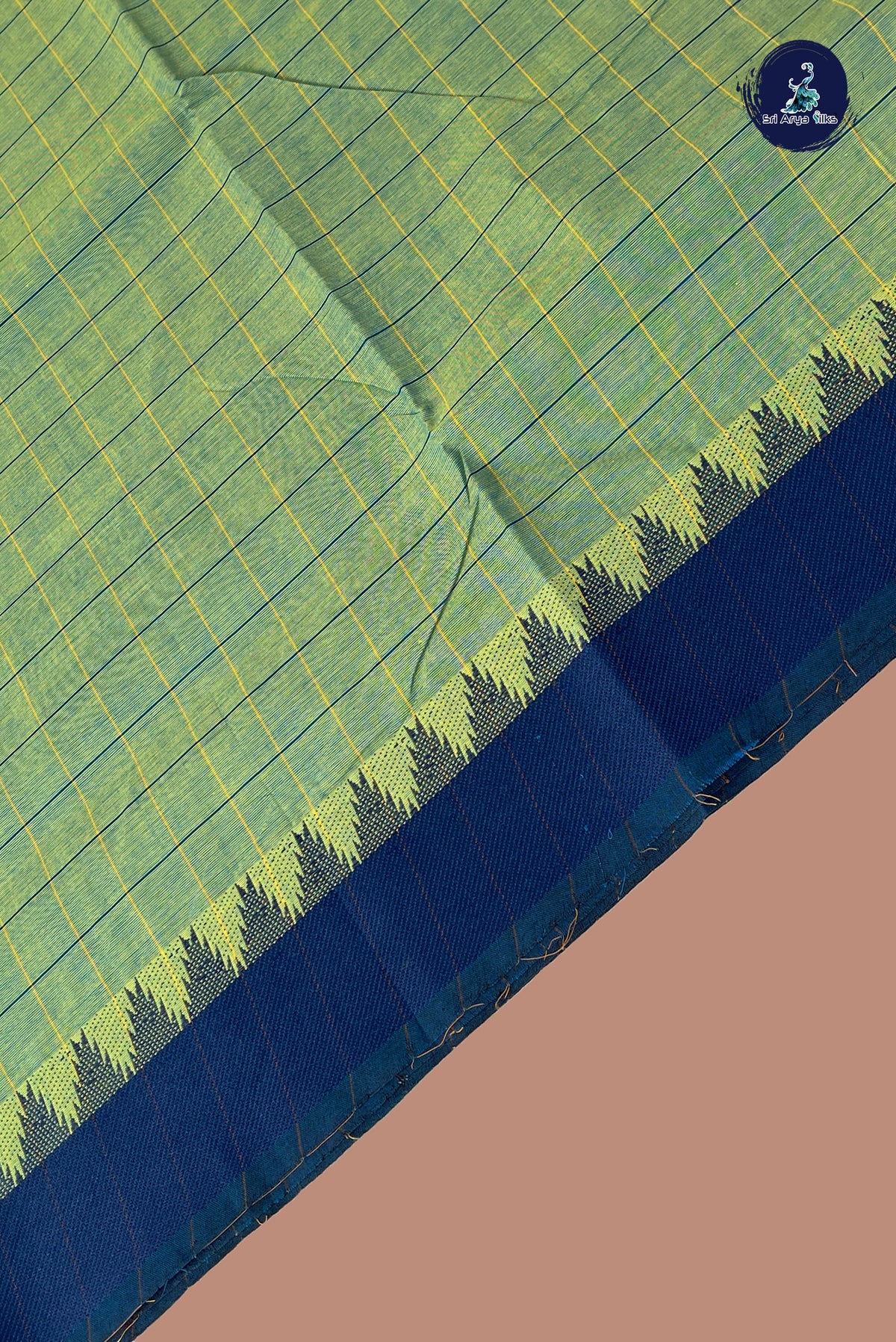 Light Green Chettinad Cotton Saree With Checked Pattern