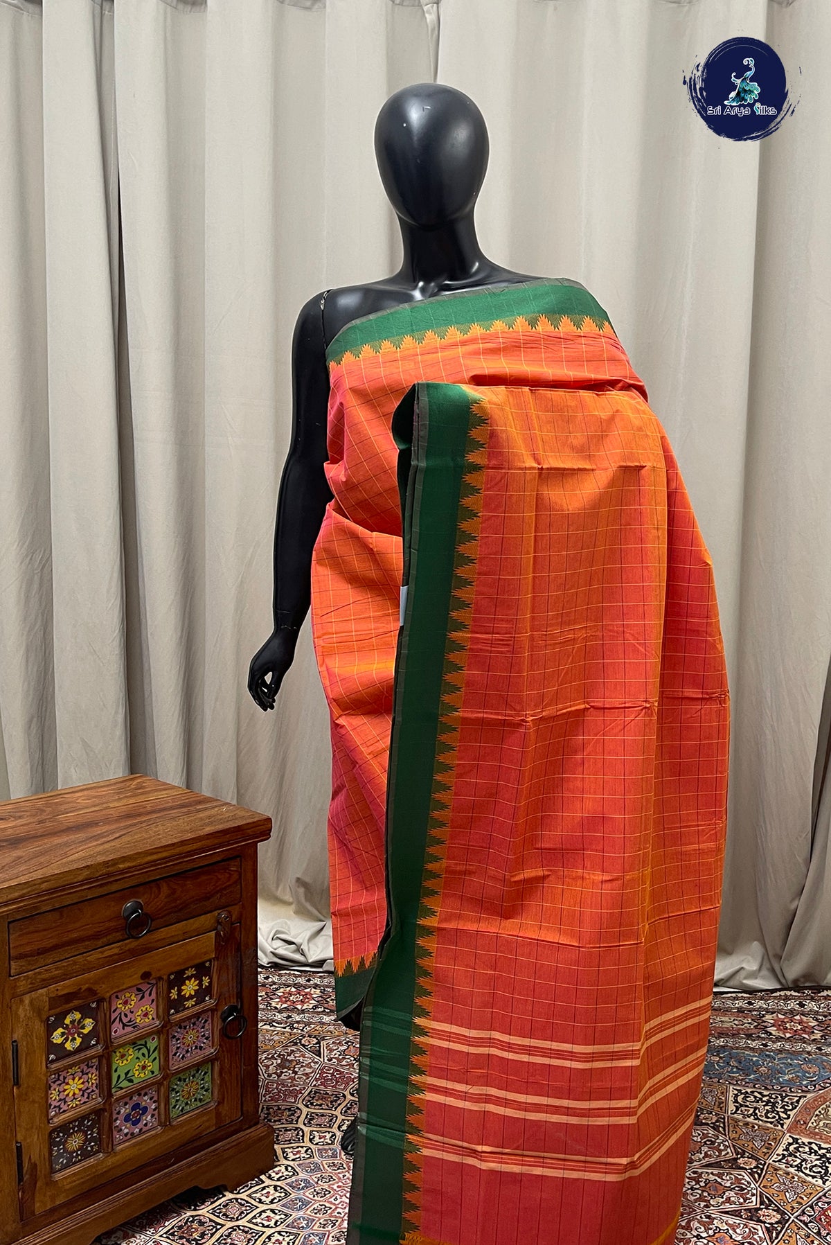 Orange Chettinad Cotton Saree With Checked Pattern