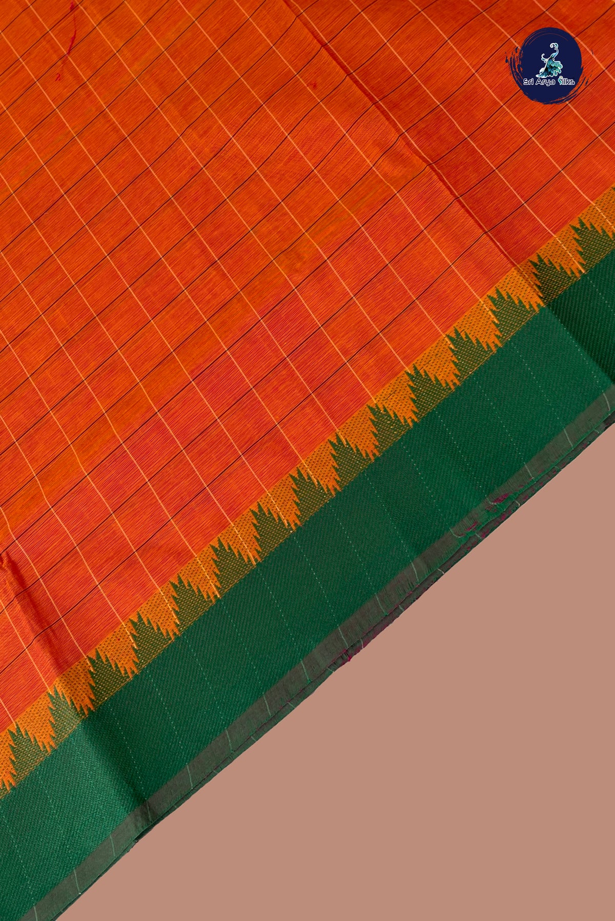 Orange Chettinad Cotton Saree With Checked Pattern