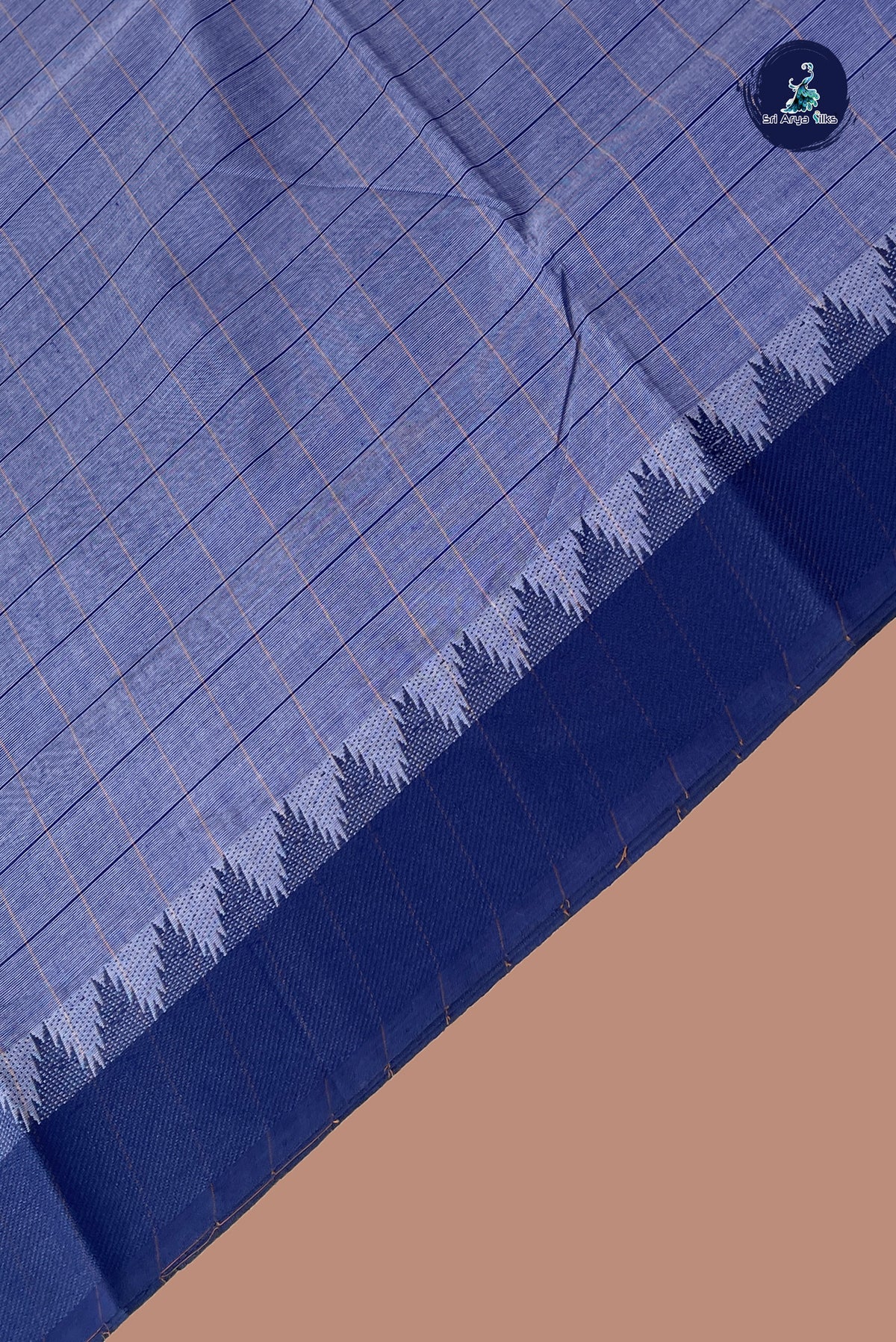Bluish Grey Chettinad Cotton Saree With Checked Pattern