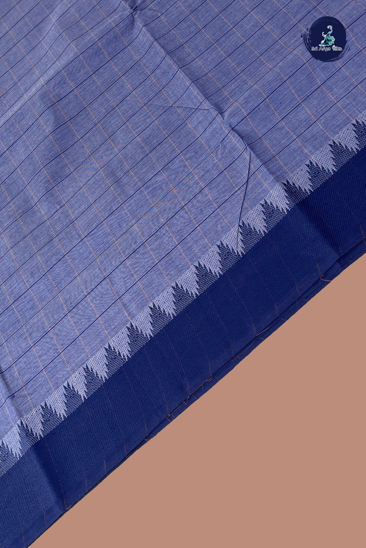 Bluish Grey Chettinad Cotton Saree With Checked Pattern
