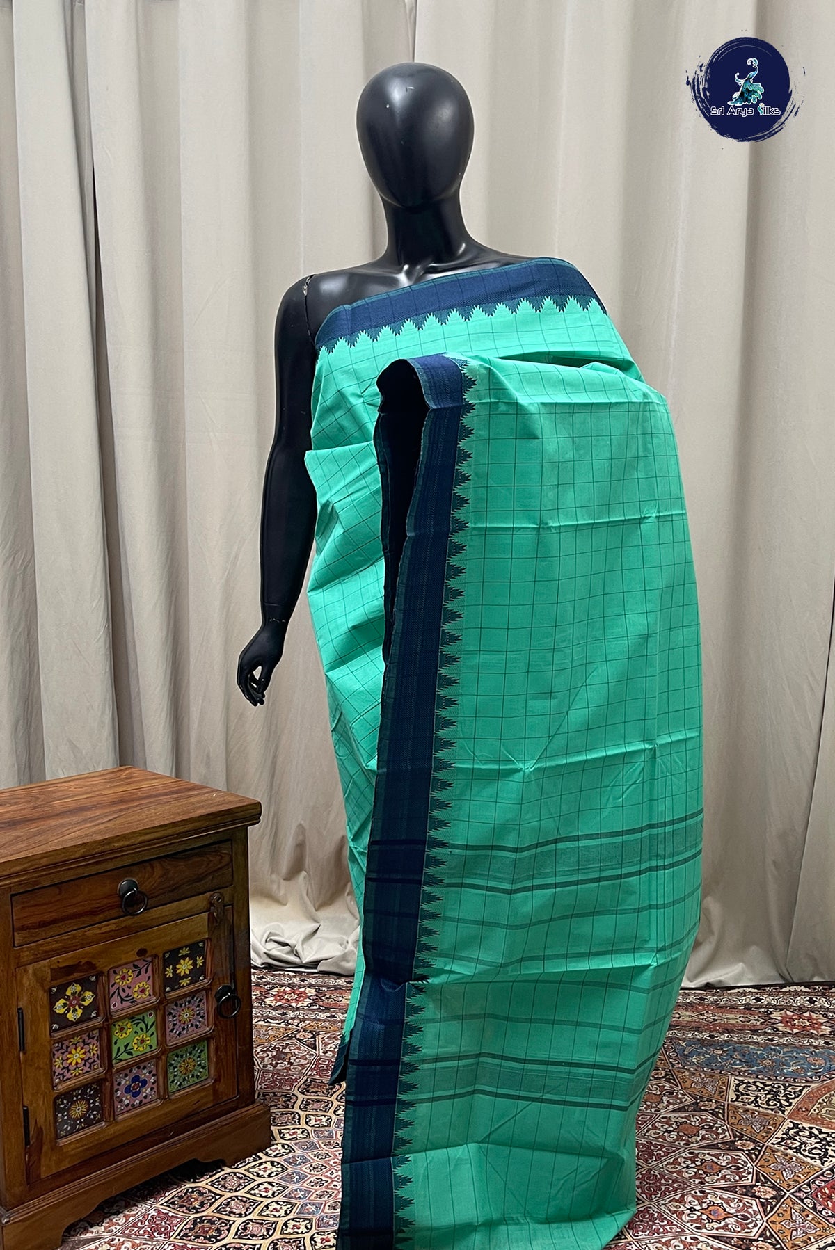 Green Chettinad Cotton Saree With Checked Pattern
