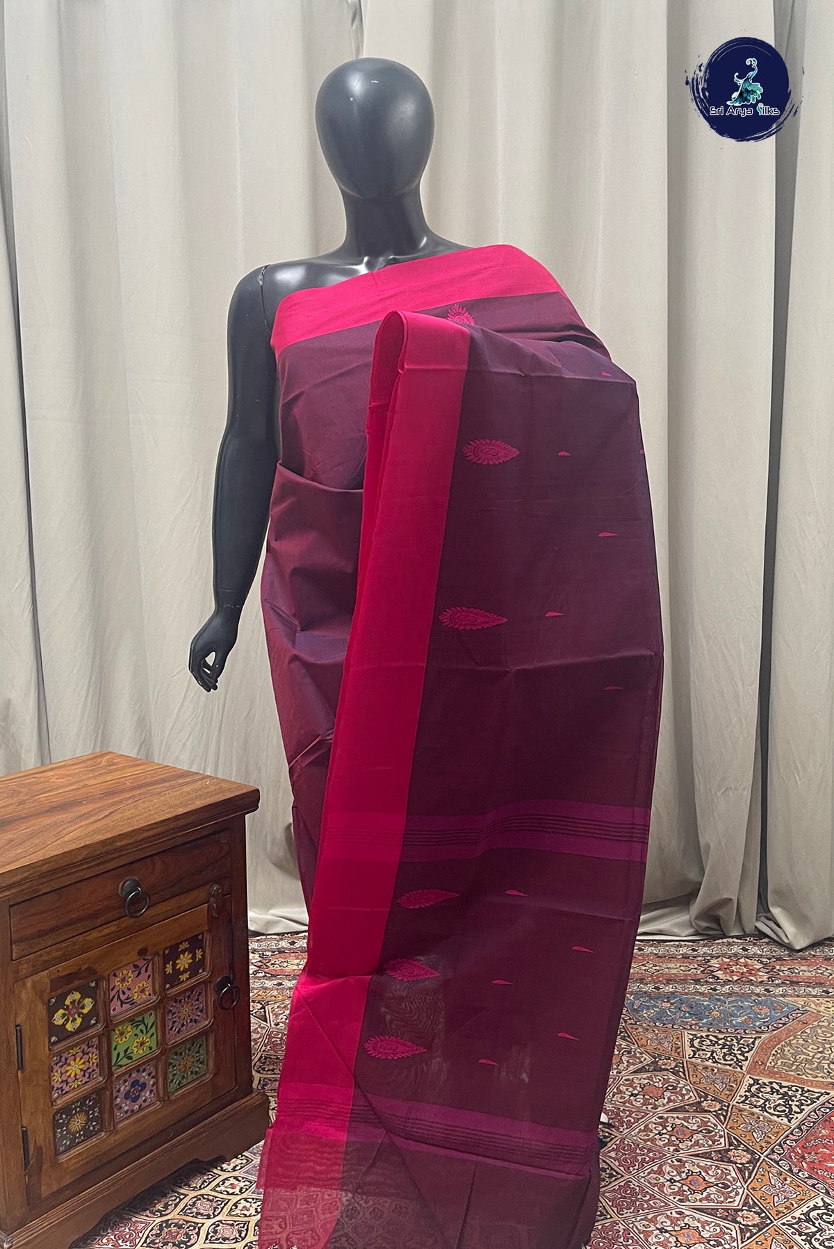 Dark Plum Kanchi Cotton Saree With Buttas Pattern