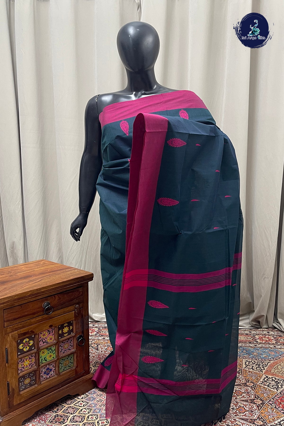Dark Green Kanchi Cotton Saree With Buttas Pattern