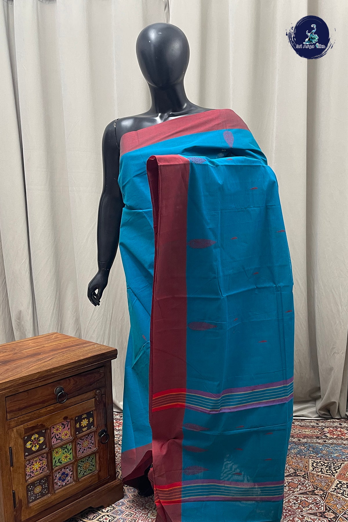 Teal Blue Kanchi Cotton Saree With Buttas Pattern