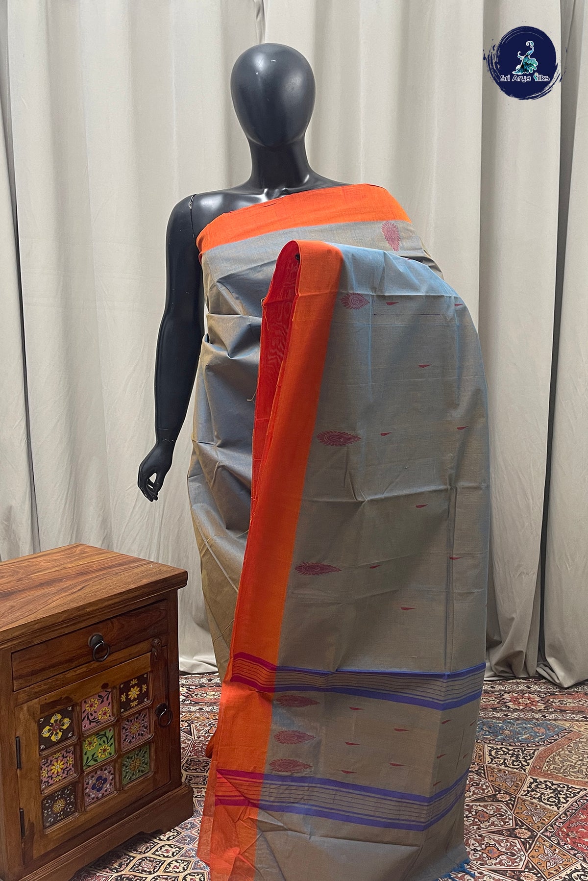 Bluish Grey Kanchi Cotton Saree With Buttas Pattern