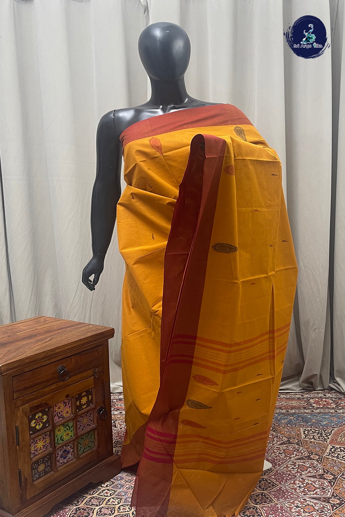 Mustard Kanchi Cotton Saree With Buttas Pattern