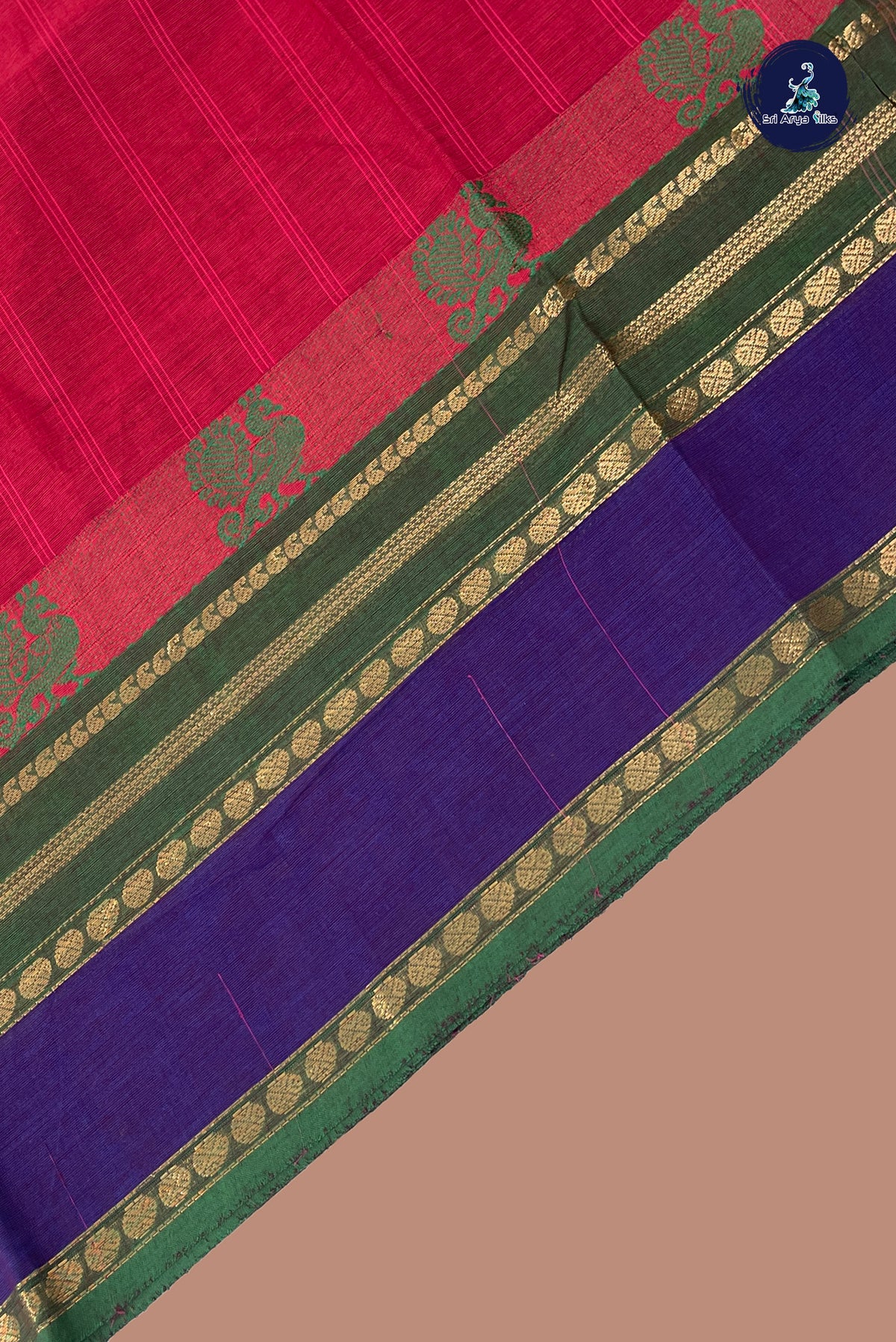 Maroon Chettinad Cotton Saree With Stripes Pattern