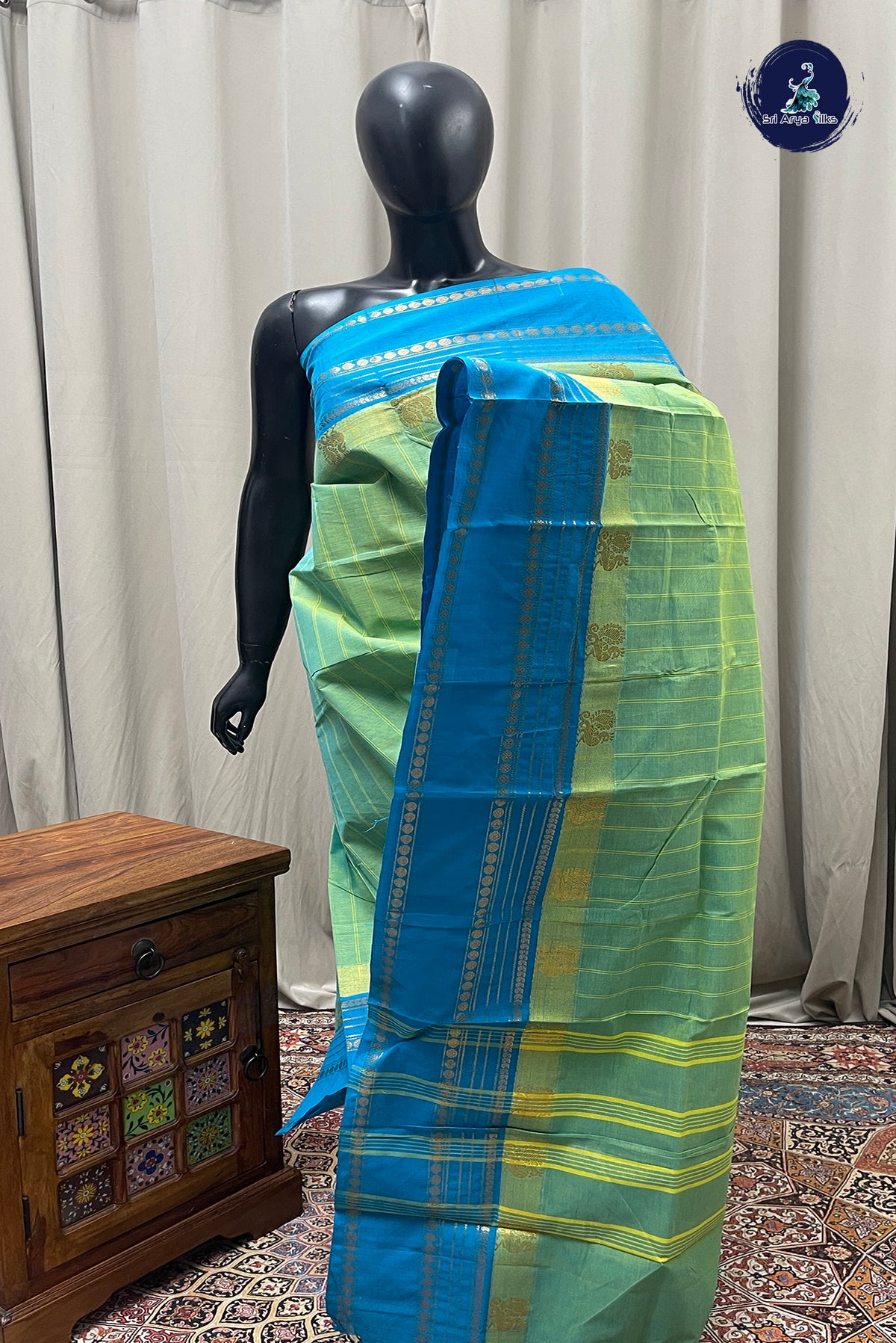 Bluish Green Chettinad Cotton Saree With Stripes Pattern