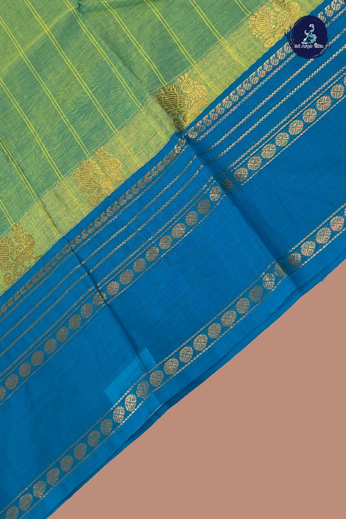 Bluish Green Chettinad Cotton Saree With Stripes Pattern