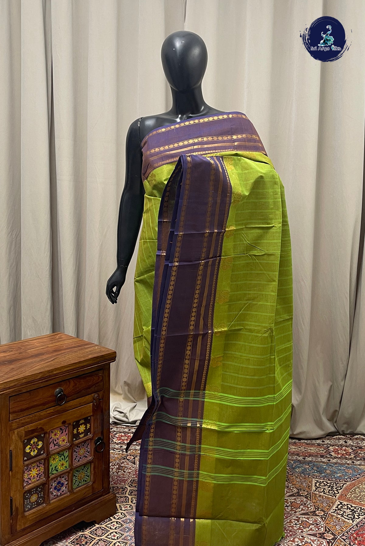 Light Green Chettinad Cotton Saree With Stripes Pattern