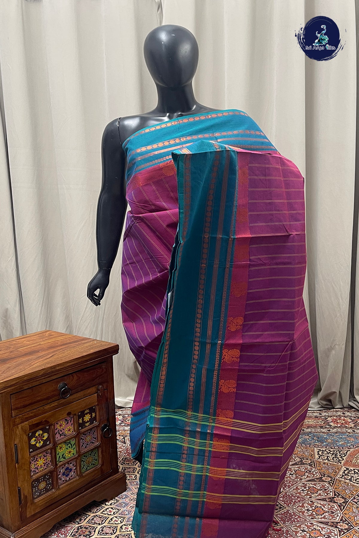 Pinkish Maroon Chettinad Cotton Saree With Stripes Pattern