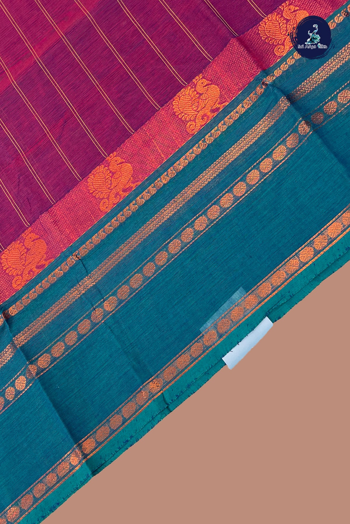 Pinkish Maroon Chettinad Cotton Saree With Stripes Pattern