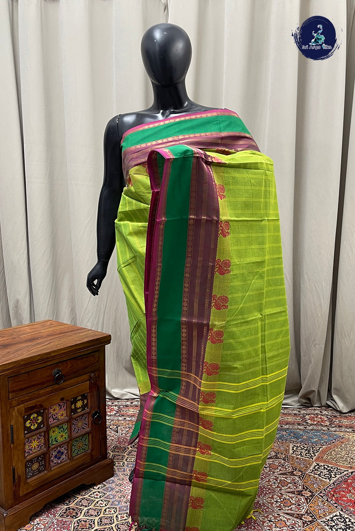 Light Green Chettinad Cotton Saree With Stripes Pattern