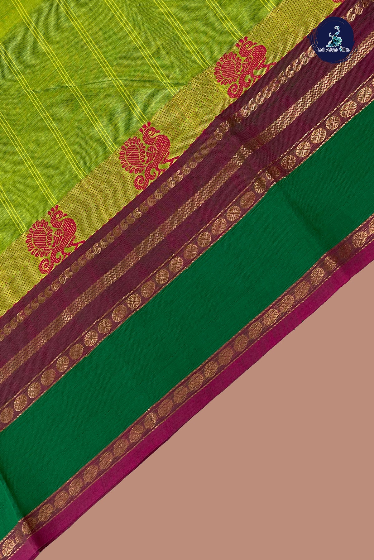 Light Green Chettinad Cotton Saree With Stripes Pattern