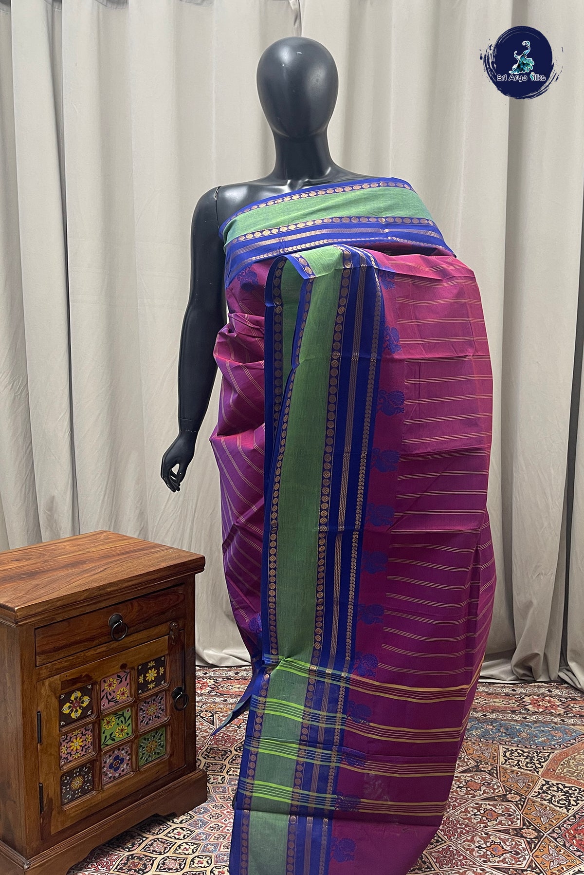 Pinkish Maroon Chettinad Cotton Saree With Stripes Pattern