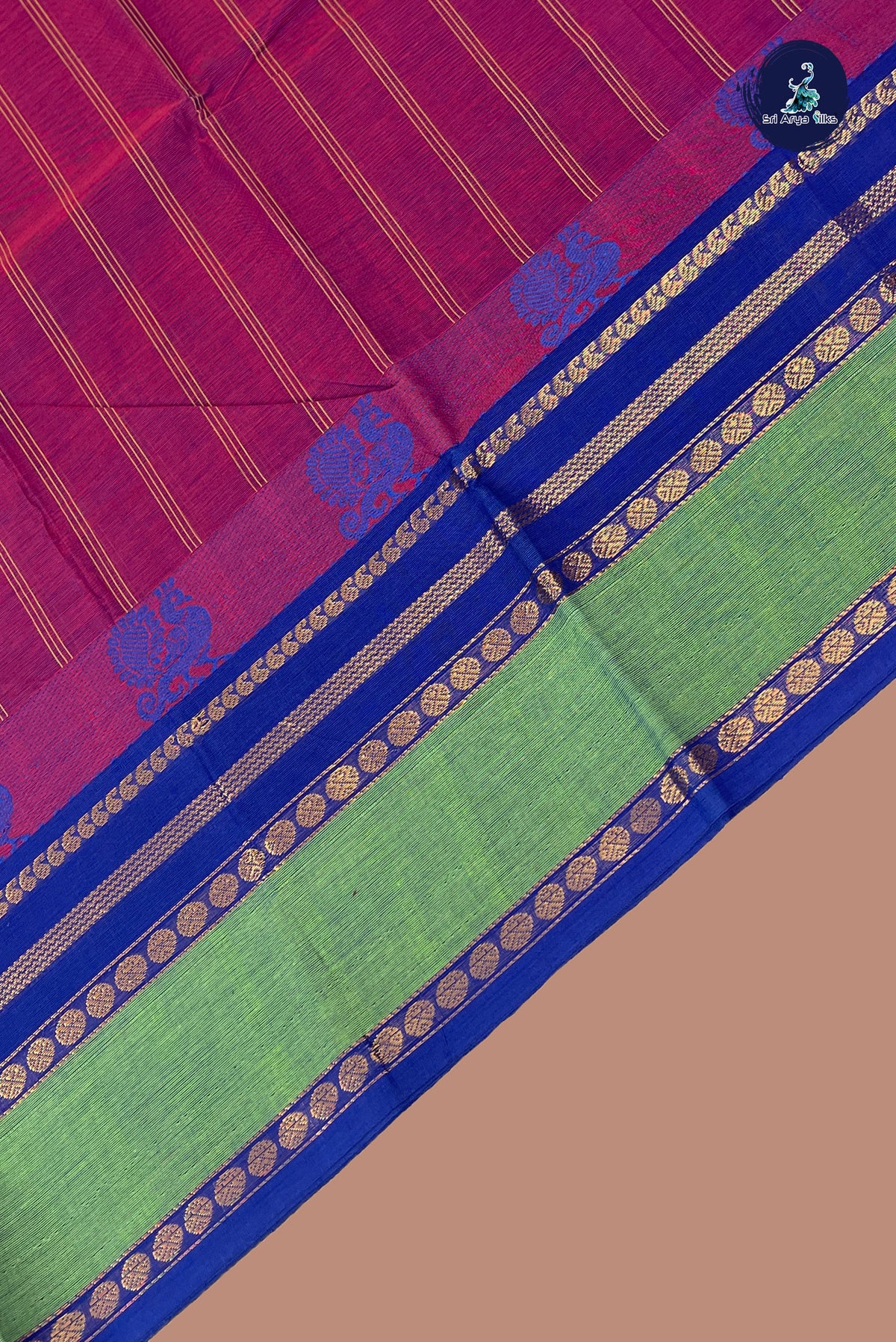 Pinkish Maroon Chettinad Cotton Saree With Stripes Pattern