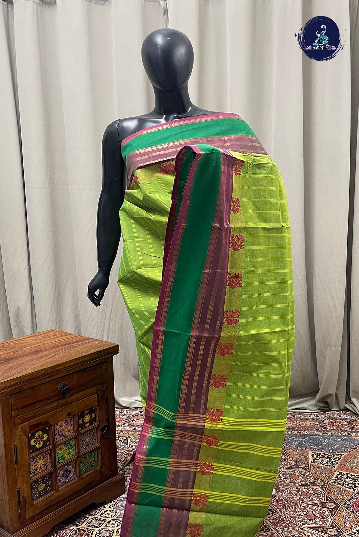 Light Green Chettinad Cotton Saree With Stripes Pattern