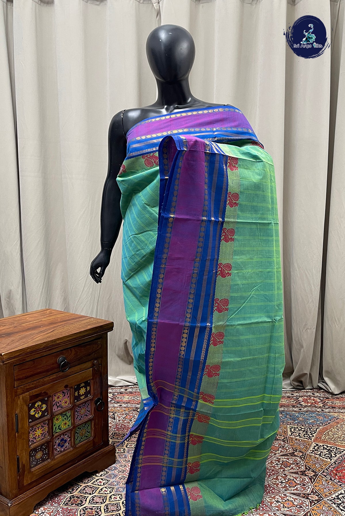 Bluish Green Chettinad Cotton Saree With Stripes Pattern