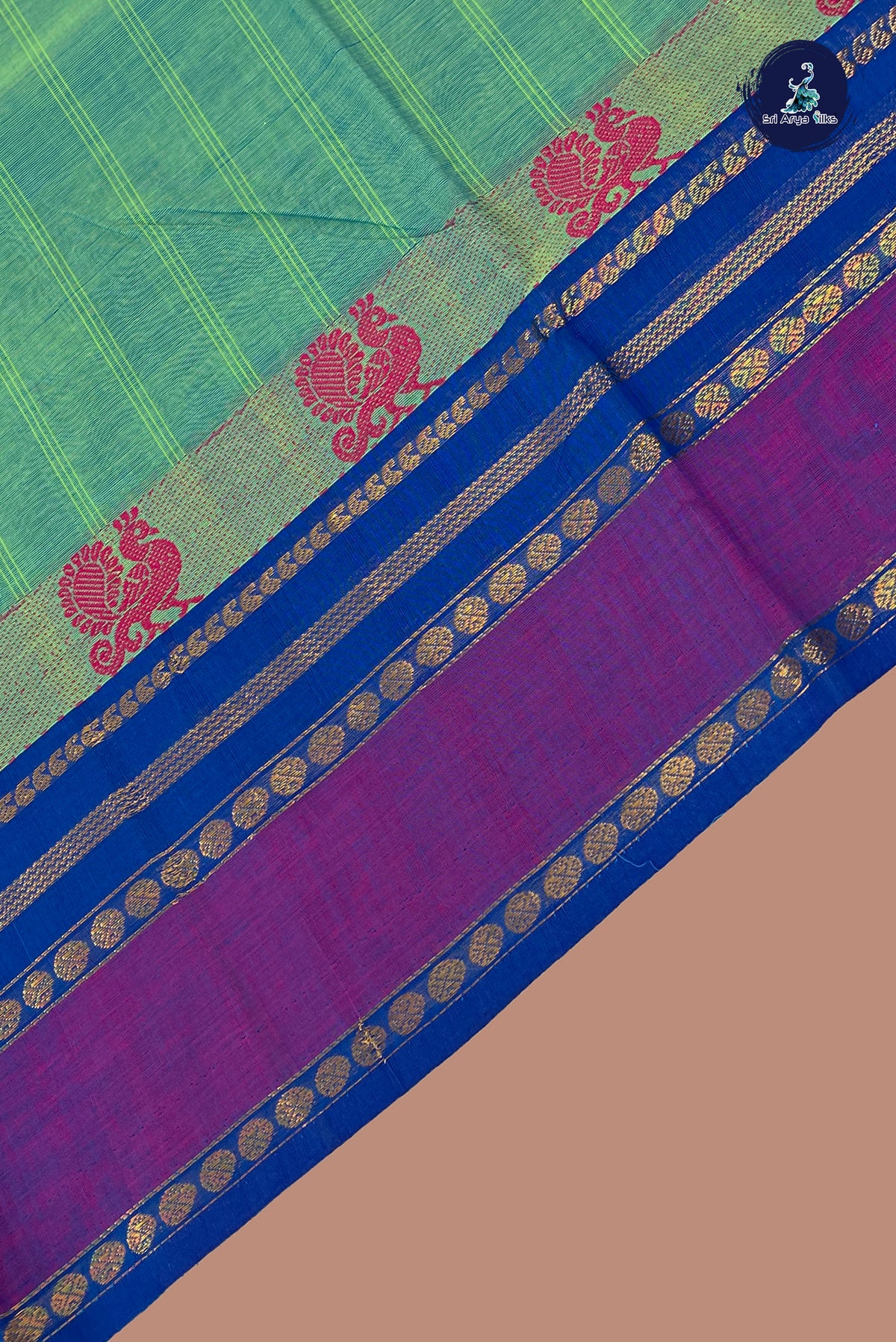 Bluish Green Chettinad Cotton Saree With Stripes Pattern