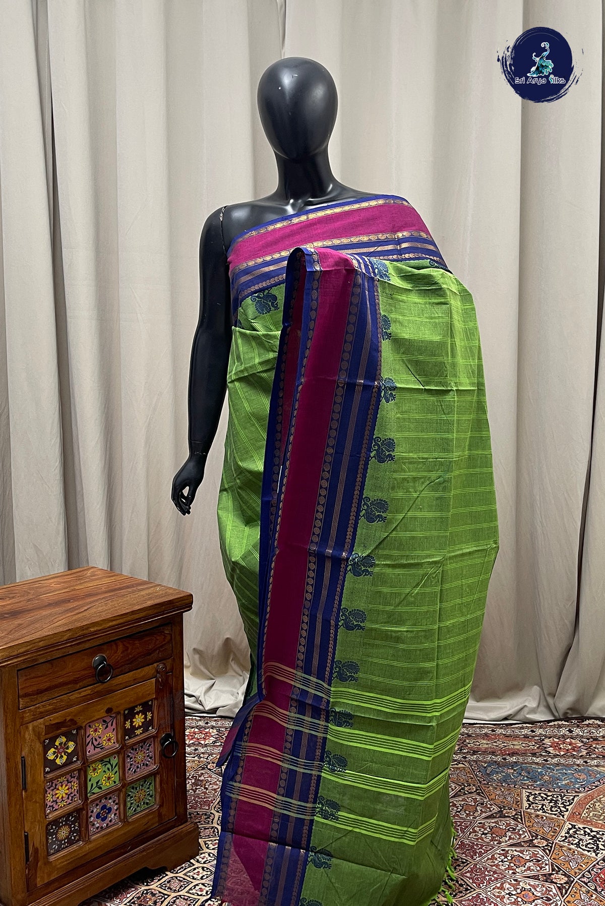 Green Chettinad Cotton Saree With Stripes Pattern