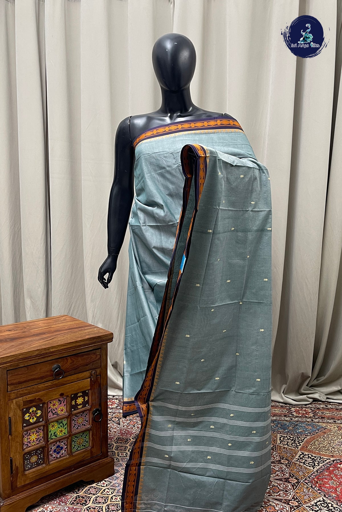 Silver Grey Chettinad Cotton Saree With Buttas Pattern