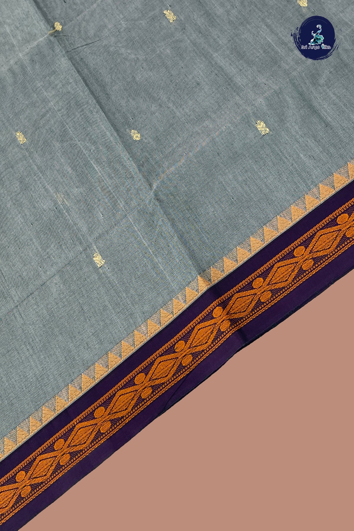 Silver Grey Chettinad Cotton Saree With Buttas Pattern