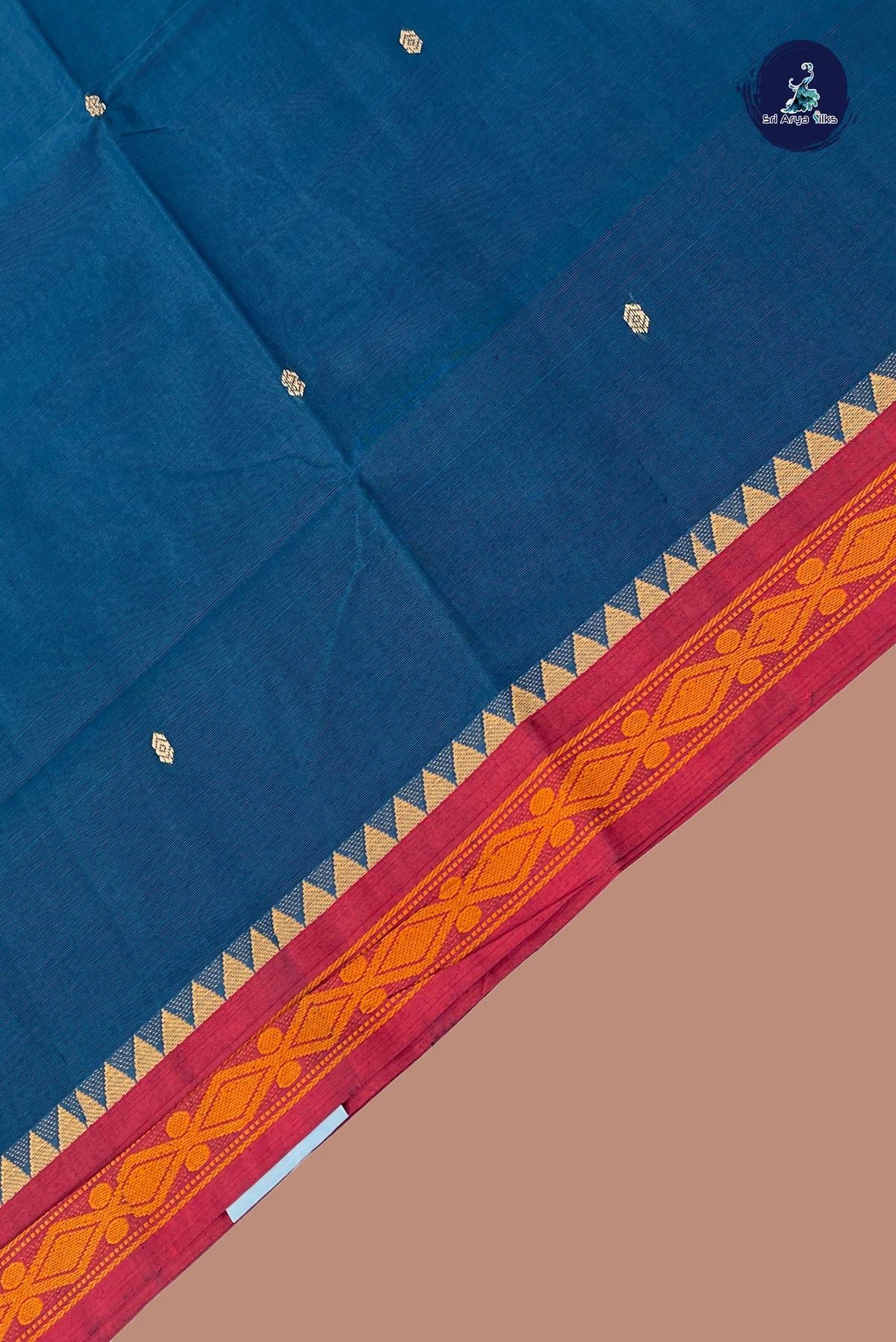 Peacock Blue Chettinad Cotton Saree With Buttas Pattern