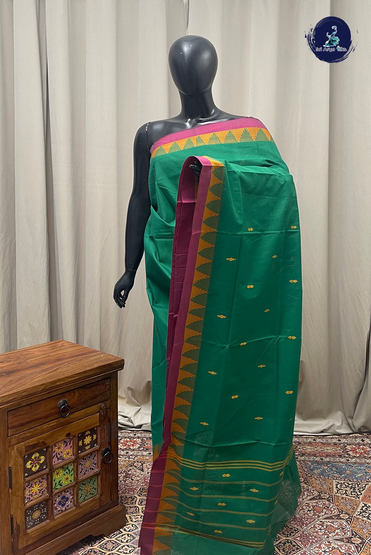 Green Chettinad Cotton Saree With Buttas Pattern