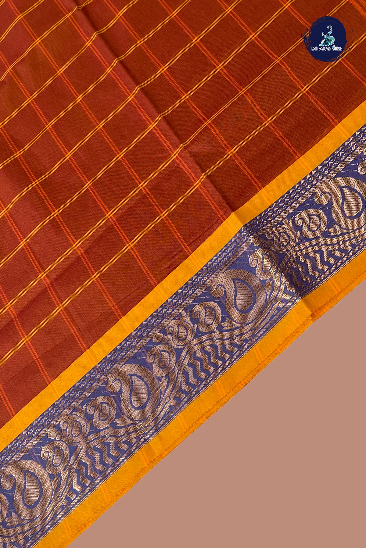 Brown Chettinad Cotton Saree With Checked Pattern