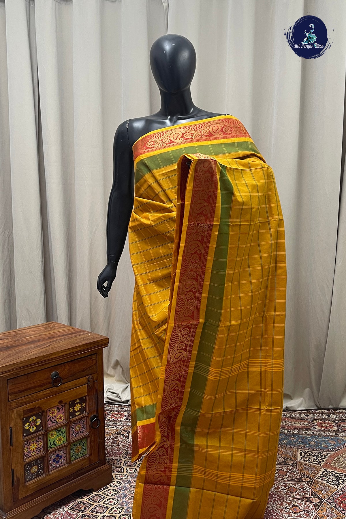 Mustard Chettinad Cotton Saree With Checked Pattern