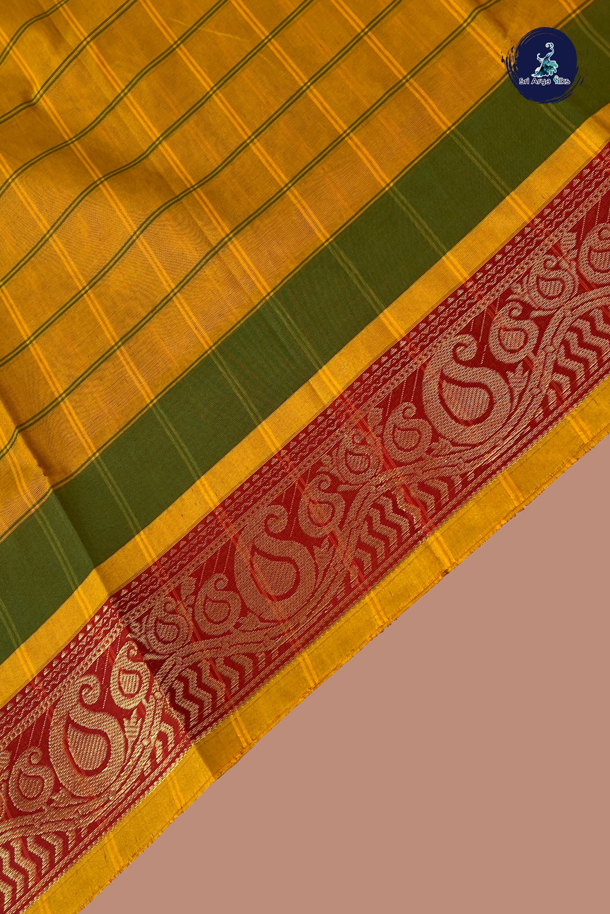 Mustard Chettinad Cotton Saree With Checked Pattern