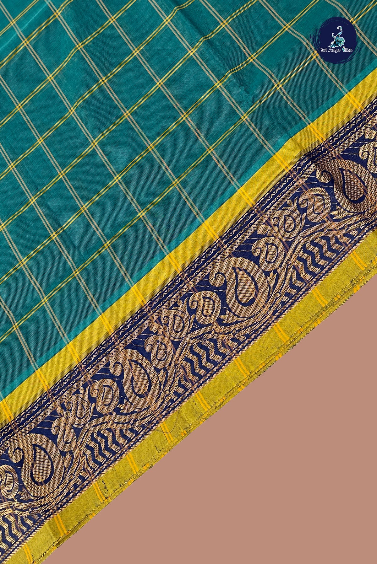 Teal Chettinad Cotton Saree With Checked Pattern