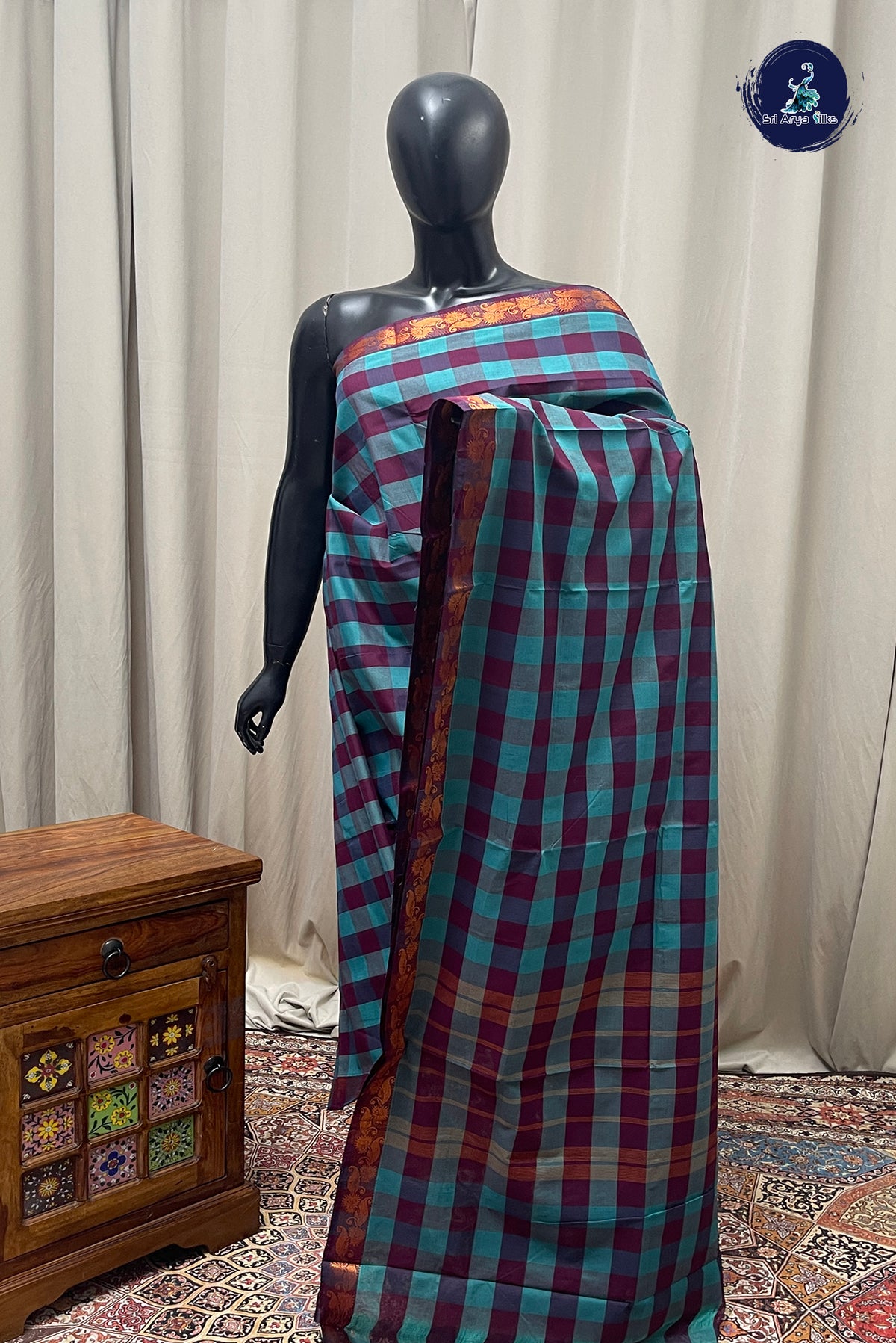 Multi Colour Chettinad Cotton Saree With Paalum Pazham Kattam Pattern