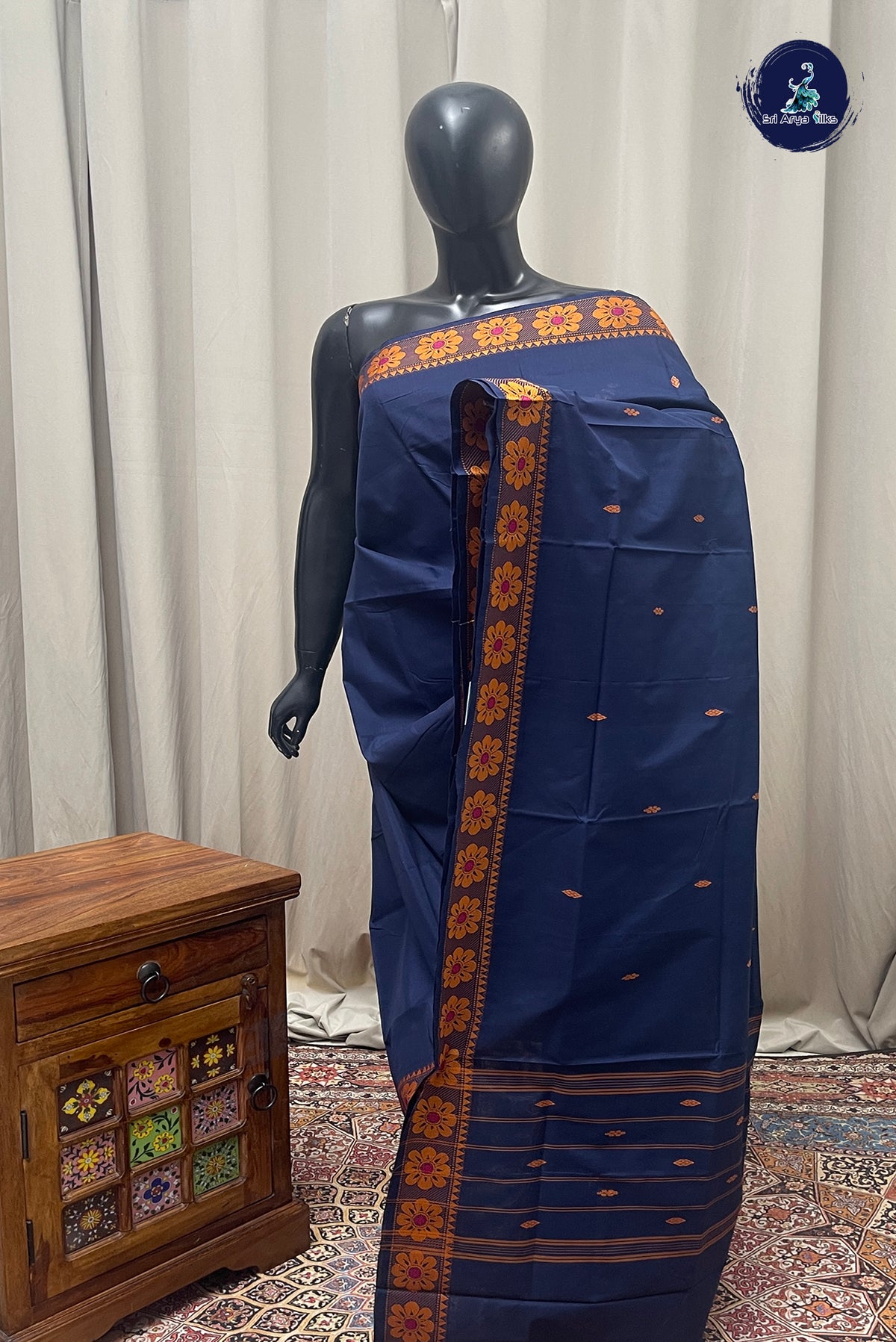 Dark Blue Chettinad Cotton Saree With Buttas Pattern