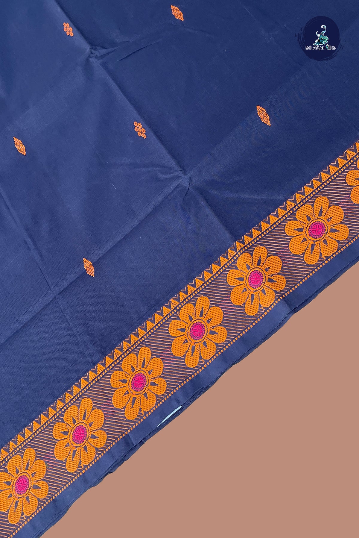 Dark Blue Chettinad Cotton Saree With Buttas Pattern