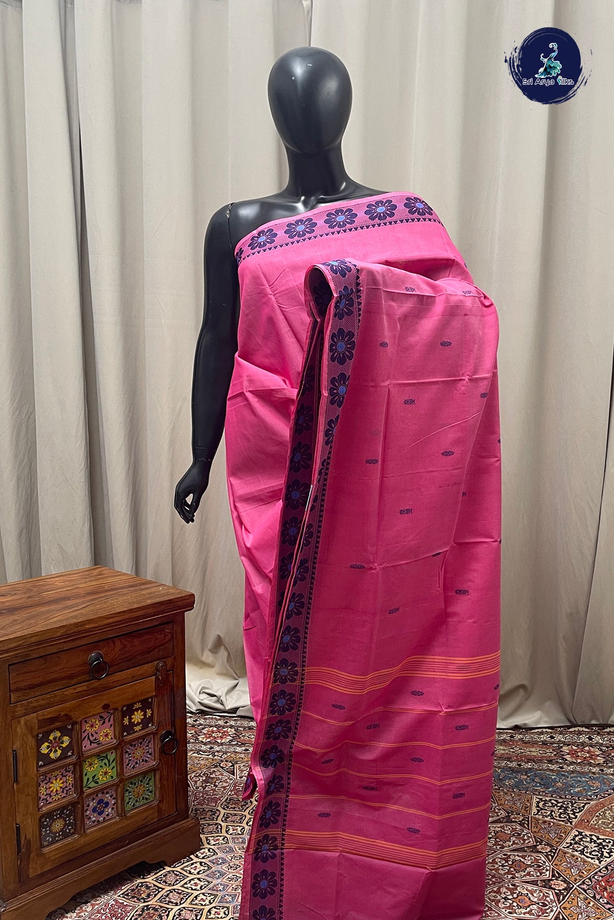 Pink Chettinad Cotton Saree With Buttas Pattern