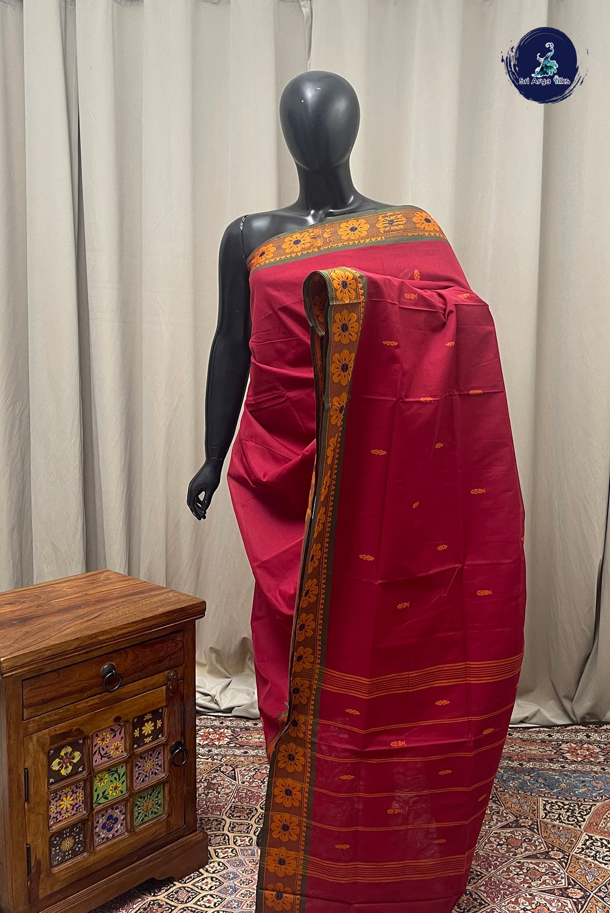 Maroon Chettinad Cotton Saree With Buttas Pattern