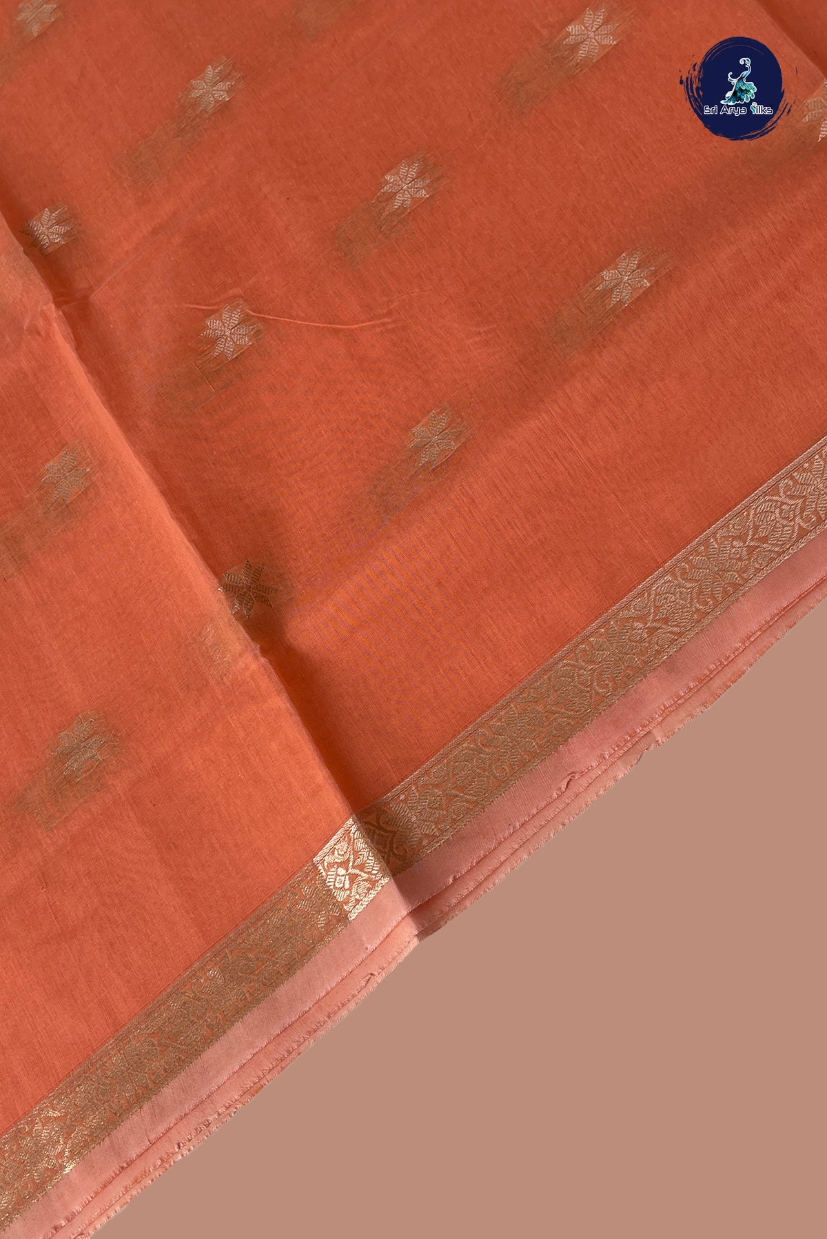 Peach Maheswari Silk Cotton Sarees With Zari Buttas Pattern