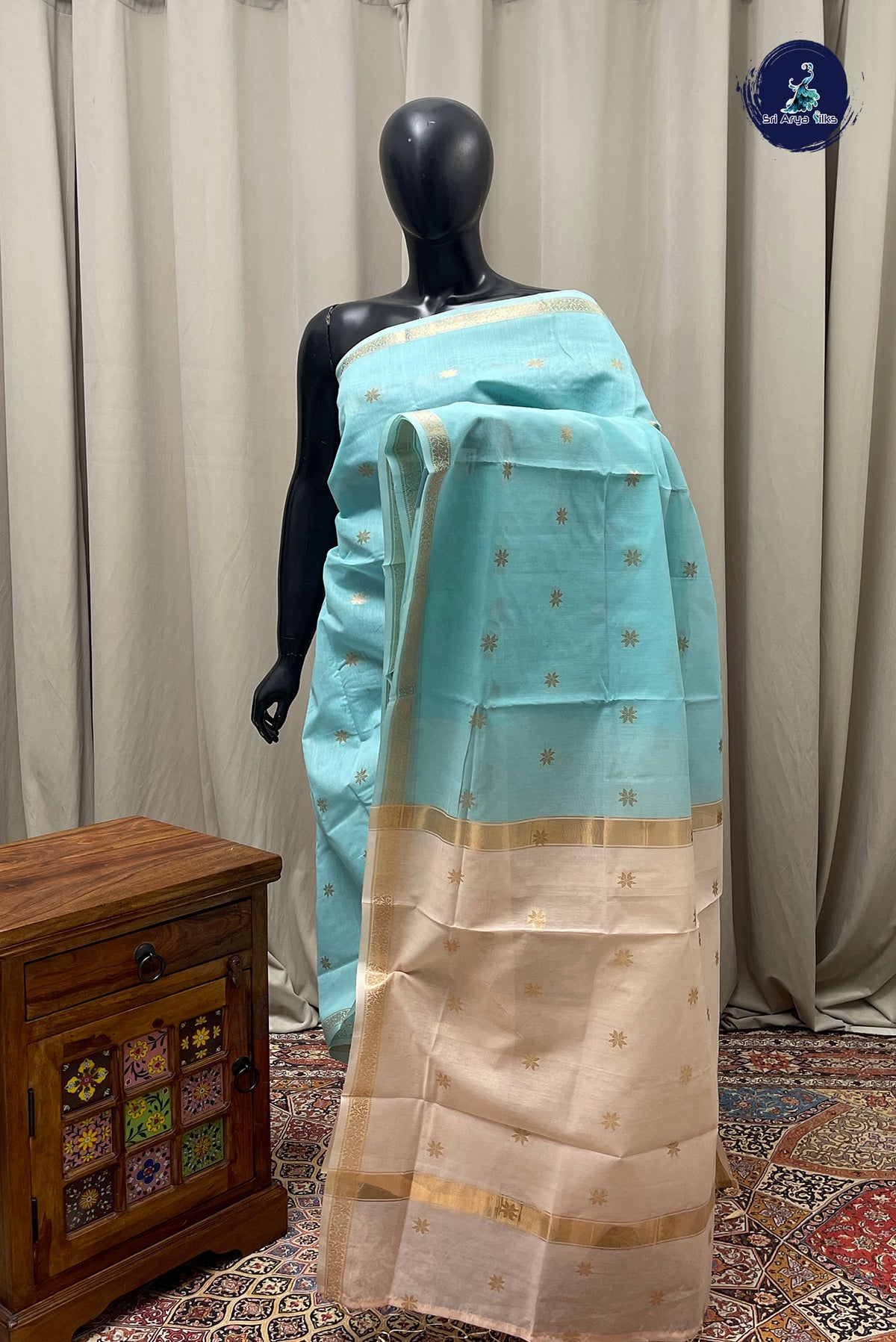 Teal Maheswari Silk Cotton Sarees With Zari Buttas Pattern