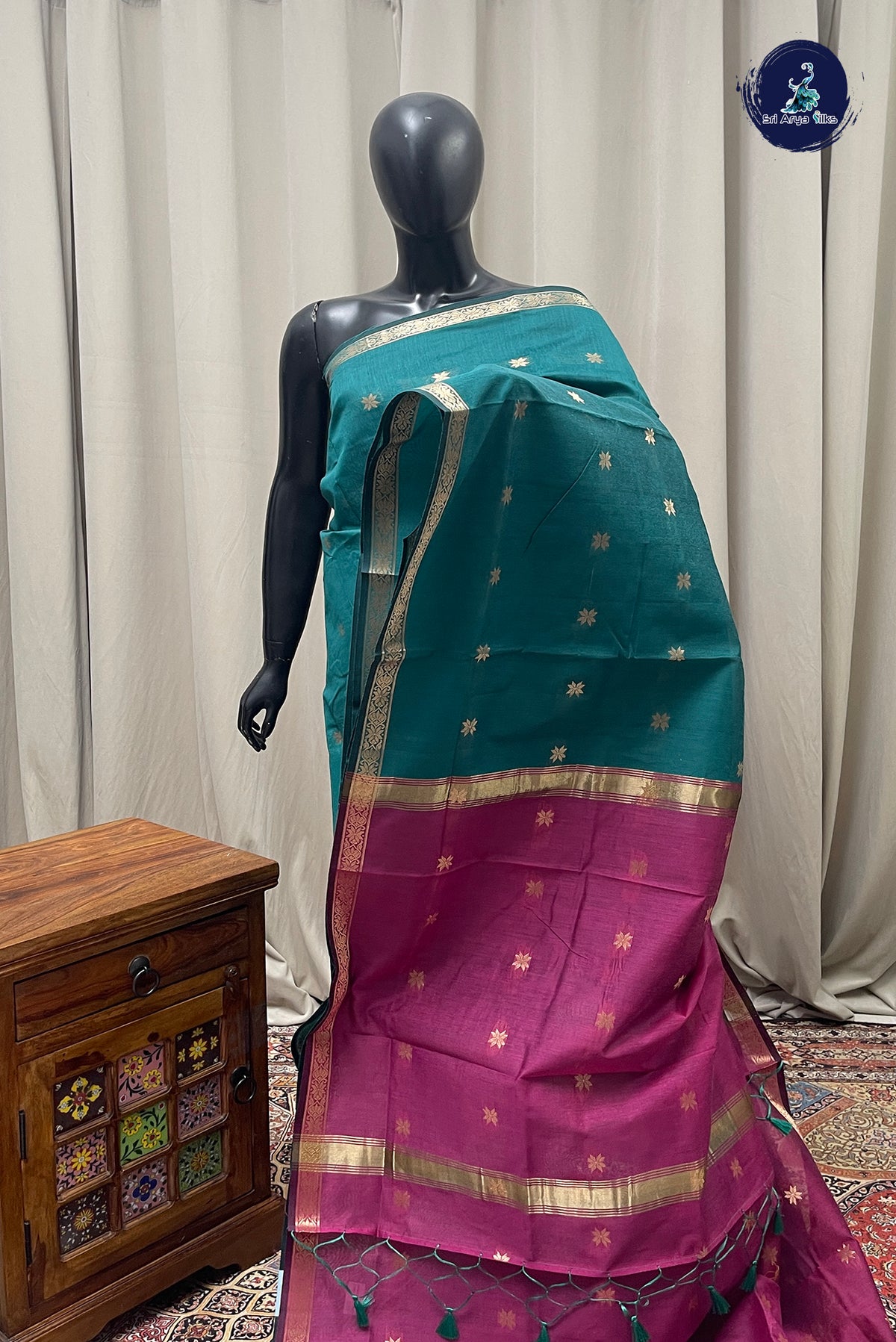Teal Maheswari Silk Cotton Sarees With Zari Buttas Pattern