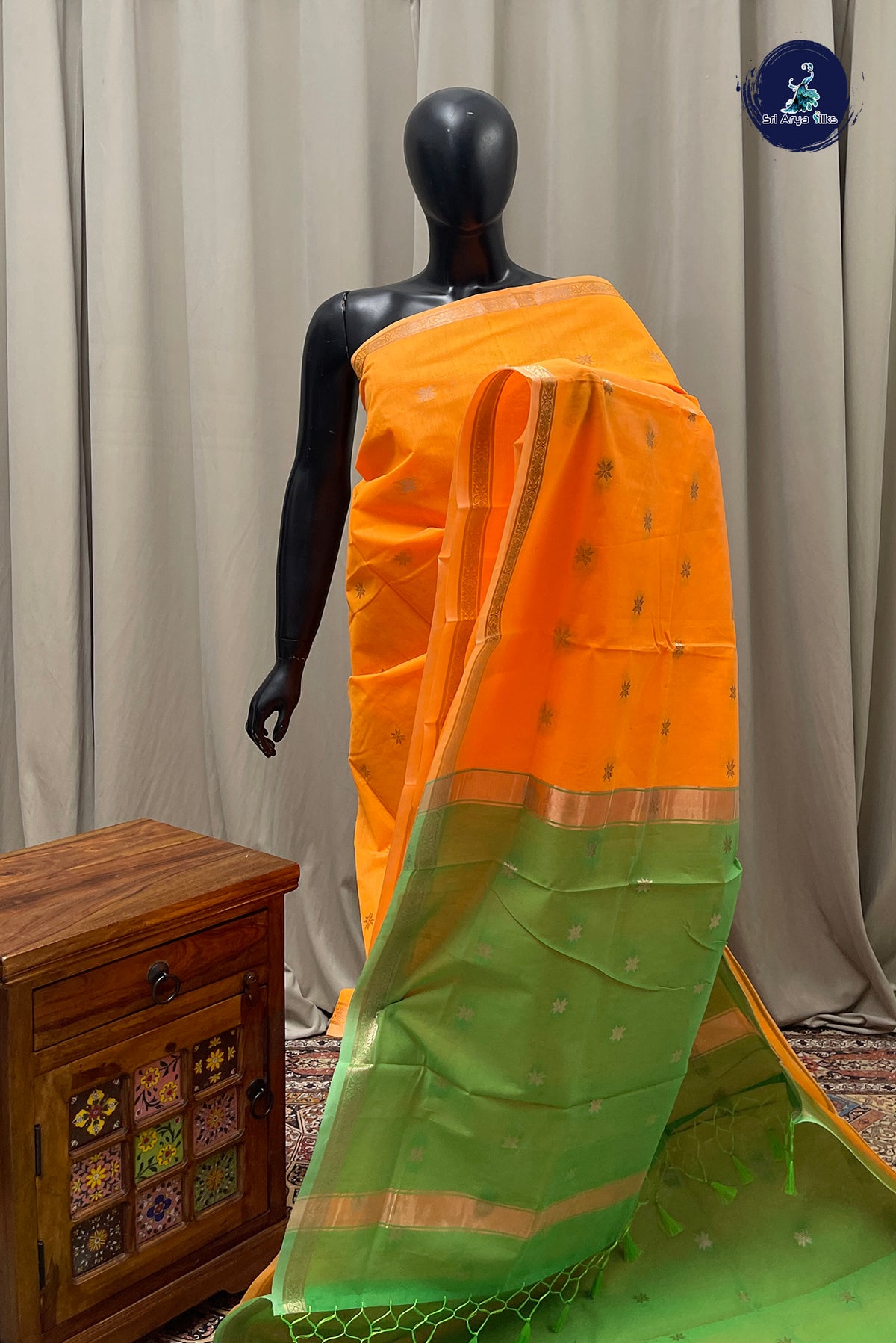 Orange Maheswari Silk Cotton Sarees With Zari Buttas Pattern